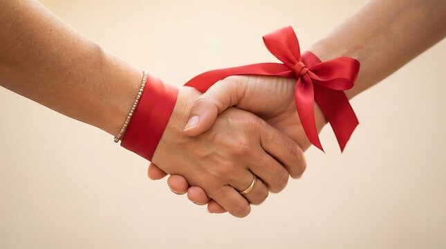 Two people shaking hands with red ribbons for world aids day