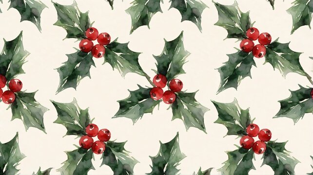 Watercolor holly leaves and red berries pattern on cream background