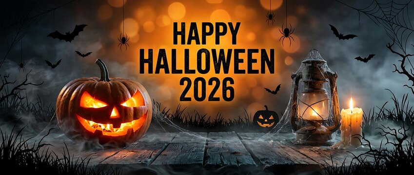 Happy halloween 2026 banner with glowing jack o' lantern and vintage on wooden