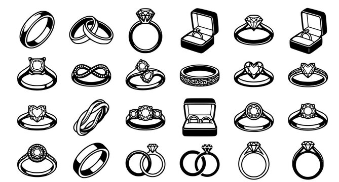 Set of diamond engagement and wedding rings vector icons isolated on plain white background