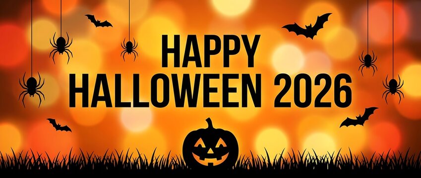Happy halloween 2026 text with carved pumpkin and bats on glowing orange bokeh background