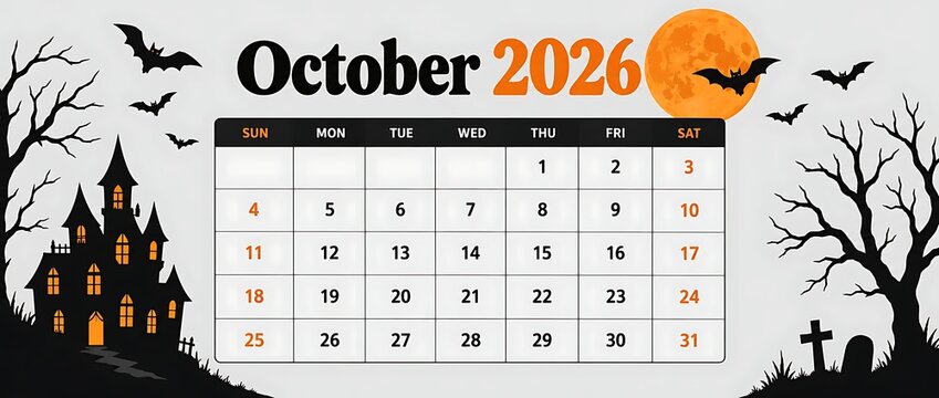 October 2026 calendar page with dark graveyard silhouettes and orange moon