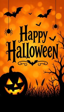 Happy halloween greeting card design with glowing pumpkin and spider webs