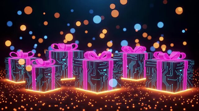 Cyber Gift Boxes 3D Render with glowing circuit patterns and pink ribbons for Black Friday sale, holiday promo motion graphic loop
