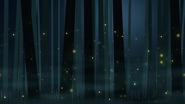 Seamless looping 4K fireflies glowing and blinking in a misty night forest with tall tree trunks and grass