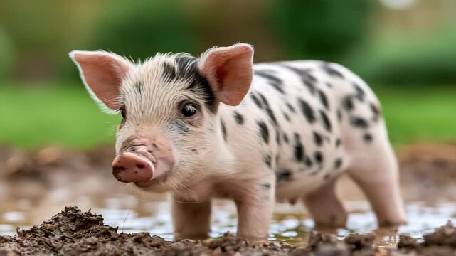 Cute spotted piglet standing in muddy puddle outdoors