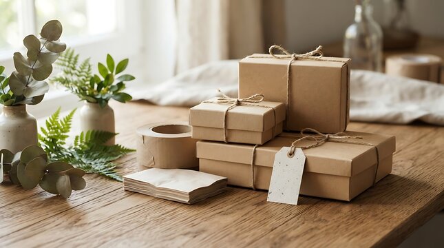 Sustainable craft packaging gift boxes with twine and natural tags on rustic wooden table
