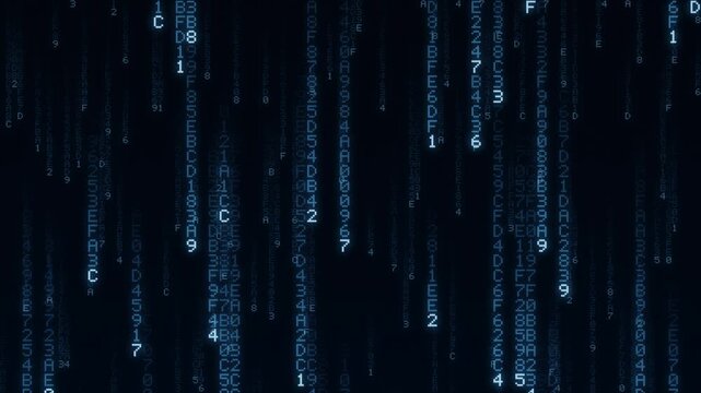 Seamless looping 4K digital data stream, glowing blue hexadecimal code falling in columns on dark background