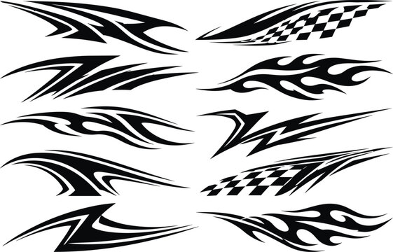 Black racing flame and checkered stripe vector collection featuring decals for automotive motorcycle and vehicle styling