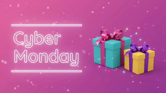 Cyber Monday Gift Boxes 3D Render glowing neon title on pink gradient background with floating bokeh particles, festive holiday promo loop
