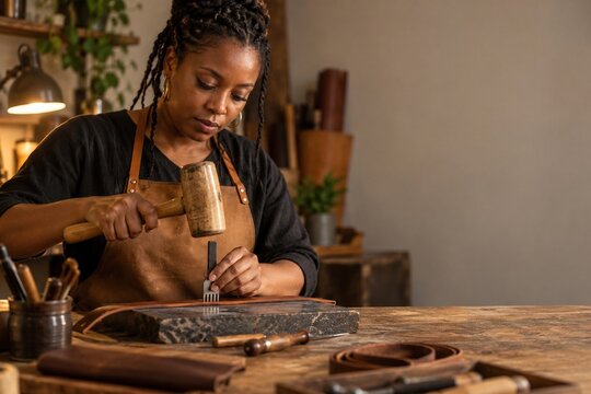 Black female leather artisan punching stitching holes with mallet, pricking iron on granite slab in cozy leather workshop