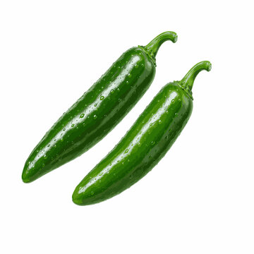 Green chili peppers isolated on white background, fresh jalape&ntilde;o-style hot peppers with stems, realistic botanical food illustration for cooking, agriculture, healthy nutrition and spice concepts