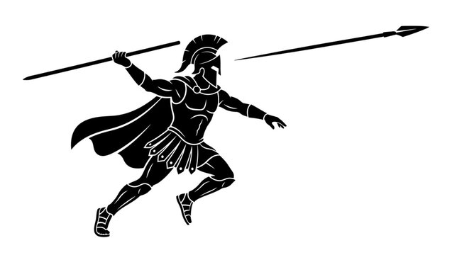 Silhouette of ancient warrior throwing a spear