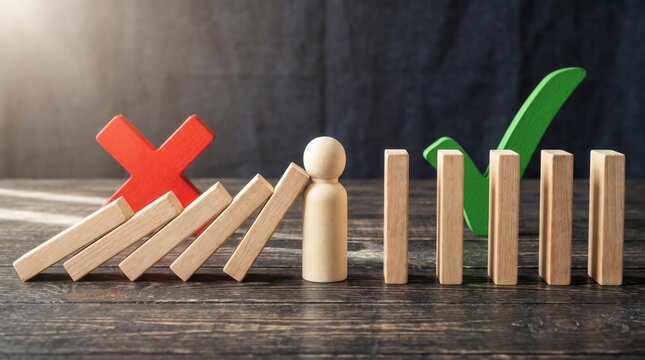 Wooden figure stopping falling domino blocks with red cross and green checkmark symbols for crisis management