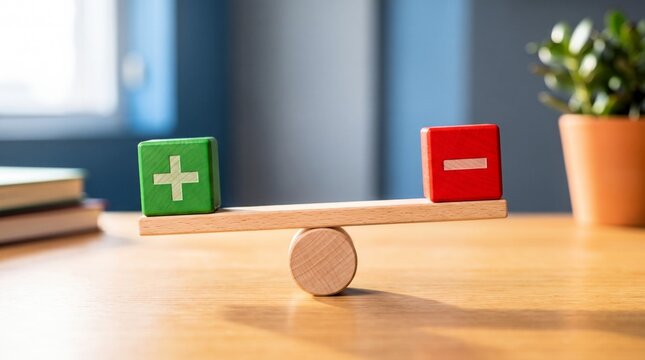 Wooden balance scale displaying a green plus sign cube opposite a red minus block on a bright office table