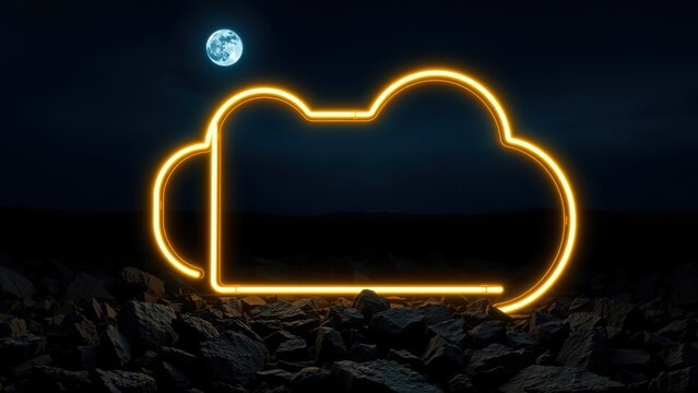Glowing cloud outline rests upon rocky ground. Dark sky features small moon. Minimalist design evokes digital storage concept.