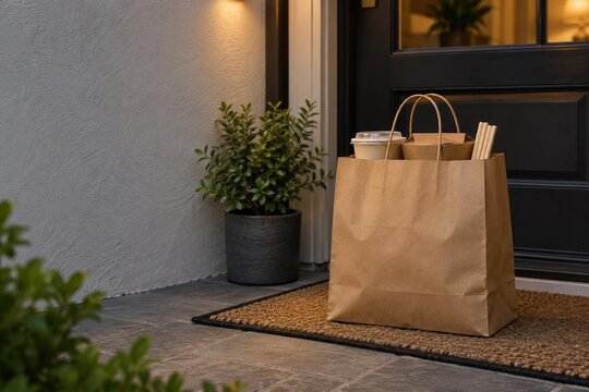 Food delivery paper bag with takeout boxes, drink, chopsticks left on doormat at entrance door at evening