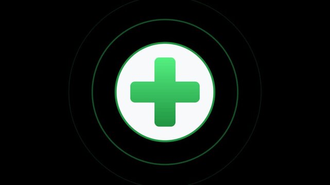 Vibrant green plus sign icon centered within concentric circles on a dark background, symbolizing addition, positive action, growth, and new opportunities for digital interfaces and conceptual design