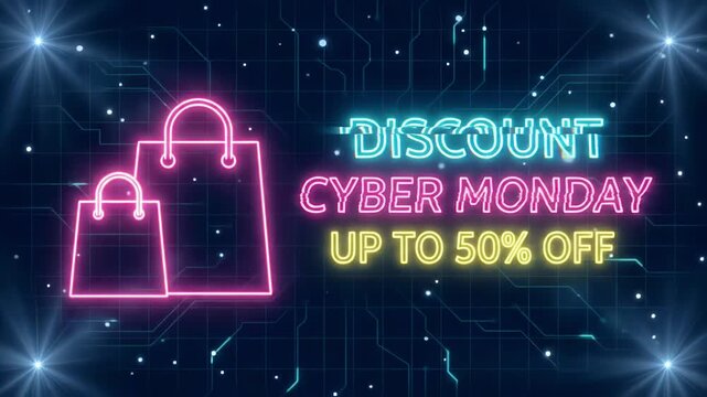 Cyber Monday 50 Percent Off Neon Sign with glowing shopping bags on digital circuit board background, retail promo motion graphic loop
