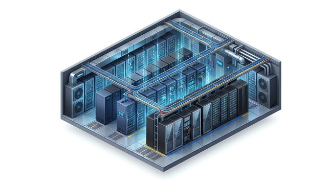 Isometric data center server room with transparent background