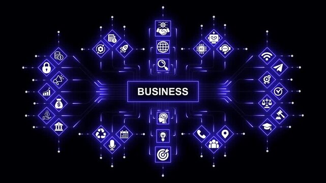 Digital business ecosystem infographic with glowing network and connected data nodes technology