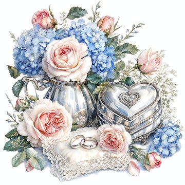 Two Silver Rings on Lace Cushion with Blush Roses Watercolor