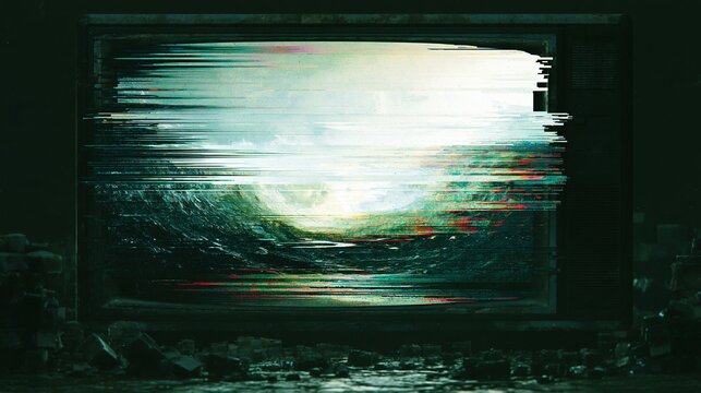 Damaged television screen displaying abstract landscape, glitch effect creating digital distortion, conveying error and obsolescence