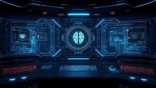 Futuristic control room with glowing blue holographic displays and artificial intelligence brain interface