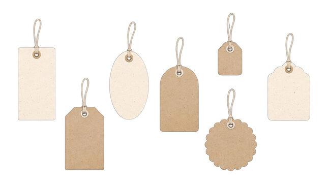 Assorted paper tags with strings in various shapes during bright studio lighting isolated on transparent background