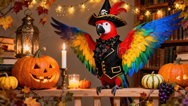 Halloween parrot in pirate costume perched on pumpkins. Colorful macaw posing as buccaneer with festive autumn decor., halloween holiday festive image design
