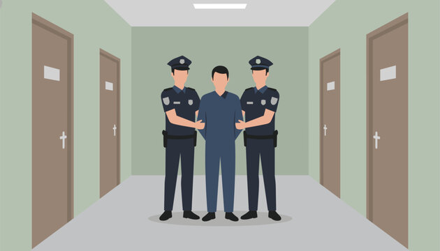 Two police officers escort a male prisoner in blue jumpsuit down a green corridor with several doors.