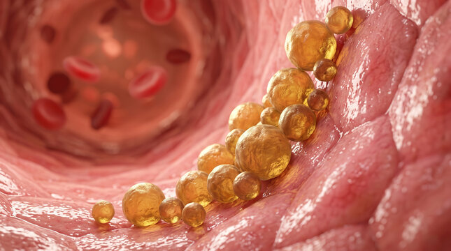 LDL cholesterol particles adhering to endothelial wall of blood vessel, atherosclerosis and cardiovascular risk concept, macro 3D medical illustration