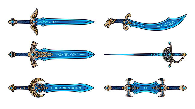 Collection of Ornate Blue Fantasy Swords Isolated