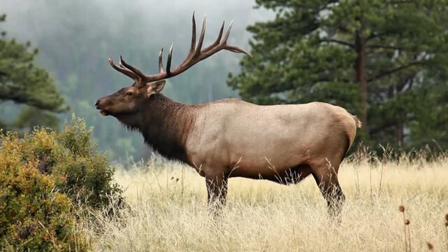 Large bull elk standing in autumn field bugling during the rut