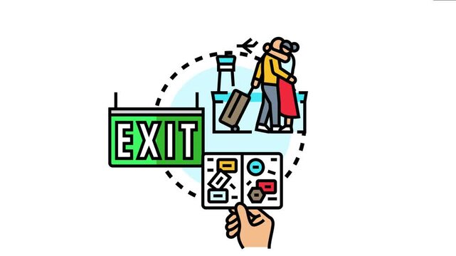 People embracing at a departure point, representing the journey initiation and final goodbyes before entering the exit portal, confirming travel plans with a document