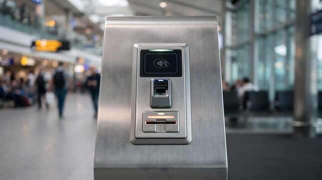 Biometric security terminal with fingerprint scanner in airport hall