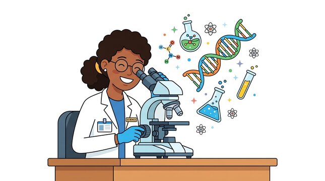 Female scientist researching with a microscope and DNA