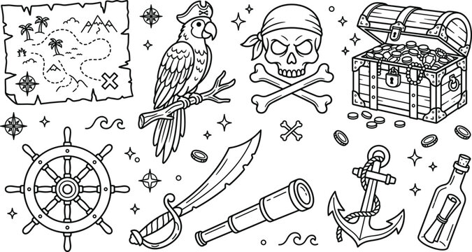 Pirate adventure treasure hunt elements set with map parrot skull crossbones chest anchor sword lineart sketch doodle illustration