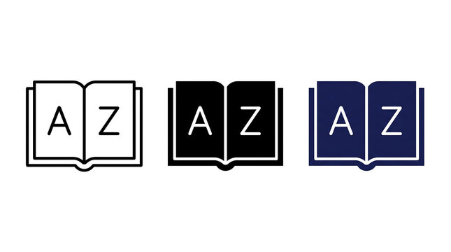 Set of dictionary book icons featuring letter typography in flat outline and solid styles. concept of book icon.
