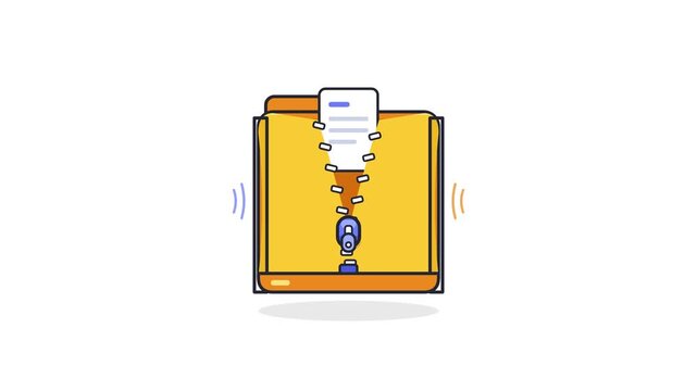 Digital data folder opens and closes with zipper animation representing secure storage.