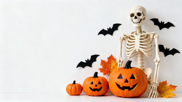 Festive skeleton sits beside carved pumpkins, surrounded by decorative bats and autumn leaves, creating playful Halloween atmosphere, halloween holiday festive image design