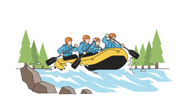 Team navigating turbulent whitewater rapids in a yellow inflatable raft during an outdoor adventure.