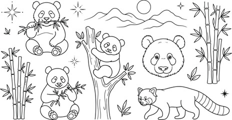 Cute giant panda and red panda wildlife animals elements set with bamboo stalks tree mountains sun stars lineart sketch doodle © MSTSINTIHA