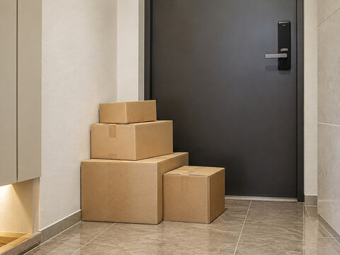 Stacked Delivery Boxes Outside a Modern Apartment Door