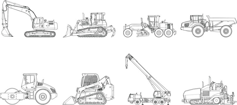 Heavy Construction Equipment Line Art Collection Featuring Excavators Bulldozers Road Rollers Cranes and Pavers