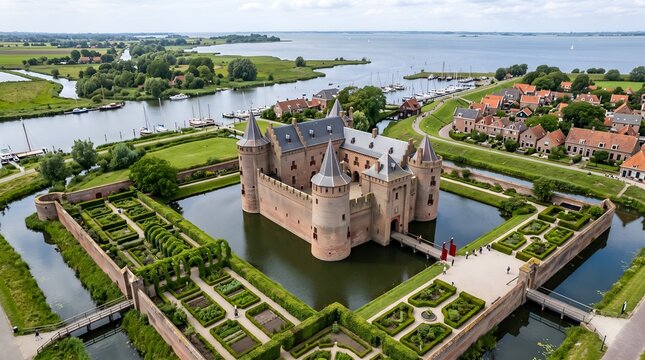 Muiderslot medieval stronghold castle restored heritage culture monument for touristic museum purpose. Aerial overhead view. Dutch The Netherlands, Holland, fortification landmark full of history.