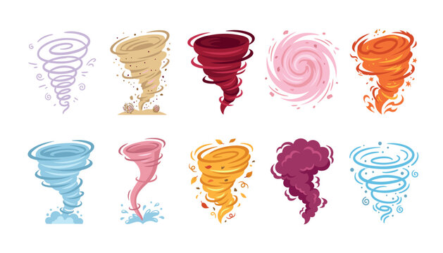 A vector collection of colorful tornado whirlwind icons storm elements and hurricanes on a white background