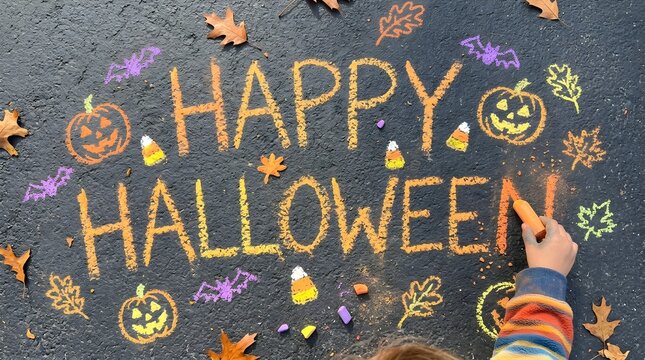 Child drawing happy halloween message on asphalt driveway with colorful chalk surrounded by autumn leaves, pumpkins, bats, and candy corn illustrations for a festive holiday celebration