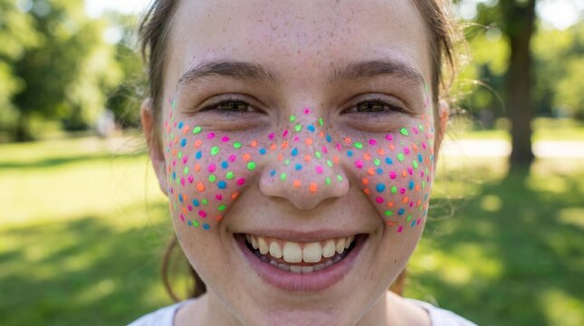 Close up of a young girl with colorful face paint in a park