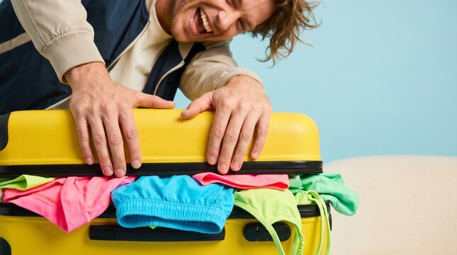 Man struggling to close an overpacked yellow suitcase
